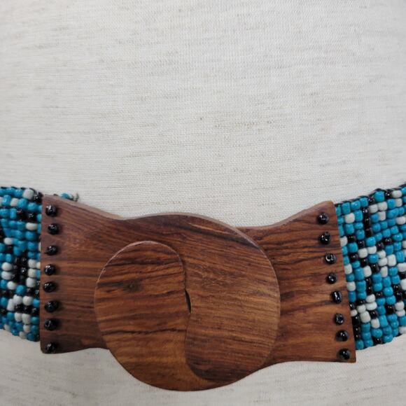 Vintage Womens Beaded Fashion Belt Turquoise Black Wood Buckle Elastic‎ Boho main image 6